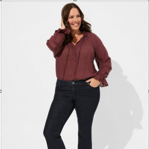 NWT- Torrid Burgundy Stripe Gauze Front Tie Lace-Up Peasant Blouse - Picture 2 of 3